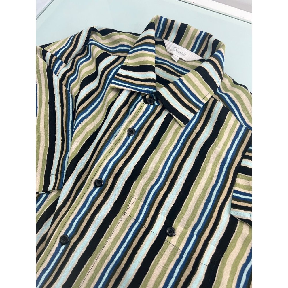 Vintage Genelli Men Shirt Short Sleeve Button Up Semi Sheer 100% Rayon Large L